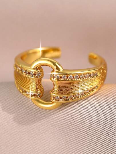 1 pieza Anillo abierto con hebilla de cinturón glamoroso de circonita cúbica redonda para mujer, joyería de decoración geométrica vintage para uso diario, regalo para banquetes, bailes de promoción, fiestas, citas y compromisos