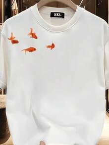 Casual Fish Print Shirt, Summer Model, 100% Cotton, Short Sleeve And Round Neck - trắng - Xem 2