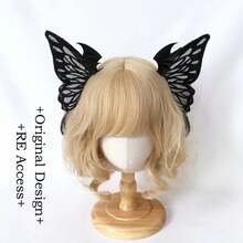 Horquilla gótica con alas de para Cosplay, tocado de demonio, cuernos Harajuku, pinza para el pelo de plumas bordadas, accesorios de Anime - Rosa - Ver 2