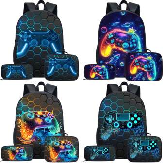 3 件套游戏黑/霓虹/彩色主题背包套装，带午餐盒、铅笔盒和储物袋 - 耐用涤纶、轻便、时尚混色