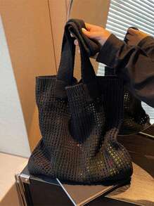 1pc Fashionable Knitted Tote Bag, Mesh Beach Handbag For Summer Vacation, Boho Knit Bag - Large Capacity Women Shoulder Bag