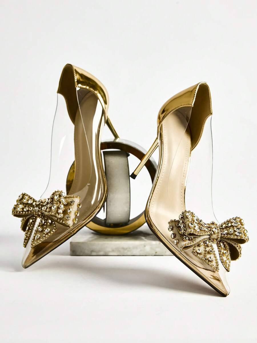 Women's Butterfly Flower Rhinestone Decor Pointed Toe Stiletto High Heels, Fashionable Silver And Champagne Color Shoes Winter Gifts