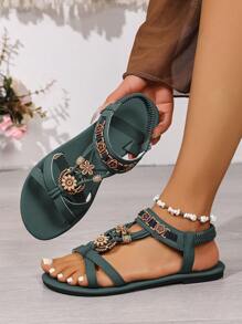 Women's Fashion Flat Sandals, Bohemian Beaded Floral Pattern, Suitable For Indoor And Outdoor, Comfortable, Elegant, Versatile, Casual, Beach Shoes
