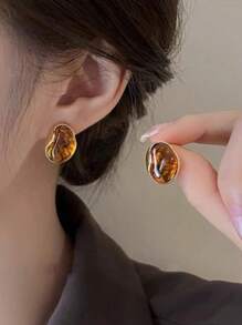 2pcs Vintage Amber-Color Resin Alloy Ear Studs, Suitable For Women's Daily Wear Jewelry, Christmas Gift, Holiday Gift, Singles Party Gift