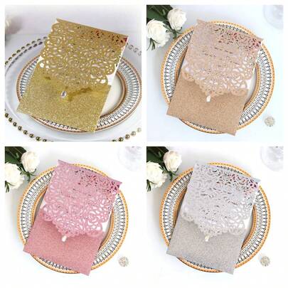 10pcs/Pack Wedding Invitation Cards, Engagement Glitter Paper Invitation Cards (Includes 10 Covers And 10 Blank Inner Cards), Suitable For Birthday, Wedding, Party, New Year Gathering, Holiday Greeting Cards