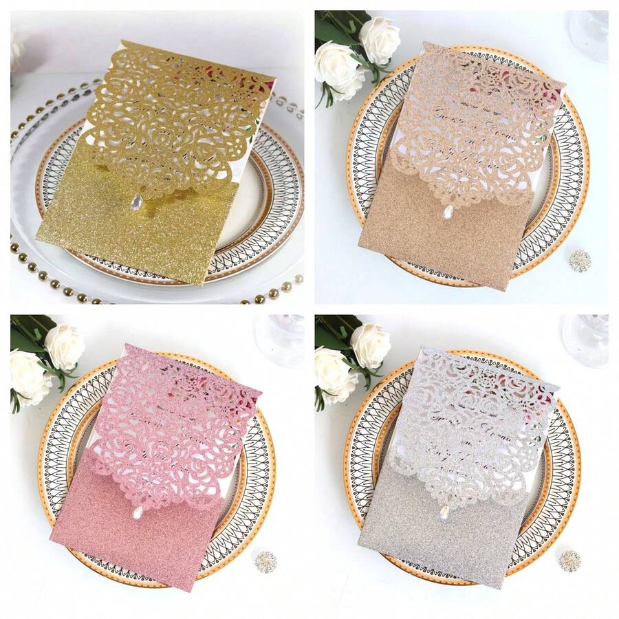 Gói 10 thiệp mời đám cưới, thiệp mời đính hôn bằng giấy lấp lánh (bao gồm 10 bìa và 10 thiệp trống bên trong), thích hợp cho sinh nhật, đám cưới, tiệc tùng, tụ họp năm mới, thiệp chúc mừng ngày lễ - Nhiều màu - Xem 1
