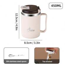 1pc 450/500ml 304 Stainless Steel Coffee Mug With Tea Strainer & Folding Spoon, Double Layer Thermal Insulated Coffee Cup With Handle, Leak-Proof Milk Tea Water Cup, Anti Scalding Drinking Cup Drinkware For Hot & Cold Water, Suitable For Adults & Students Use In Kitchen, School, Office, Dorm, Party, Picnic And Camping