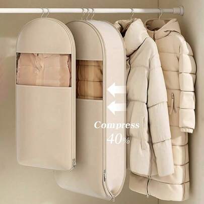 1 Stück komprimierbare Staubabdeckung für Daunenjacken, Kleidungsstück-Aufbewahrungstasche mit durchsichtigem Sichtfenster - platzsparender Kleidersack zum Aufhängen mit Selbstkompressions-Reißverschluss, Garderobe-Organizer, Schrank-Aufbewahrung und Organisation