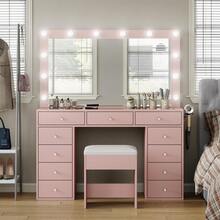 CollaredEagle Vanity Desk With Illuminated Mirror & Power Outlet,Makeup Vanity With 12 USB Power LED Lights, 11 Drawers Vanity Table With Chair, Tempered Glass Top, Dressing Table For Bedroom,Dressing Room - 粉色 - 查看 1