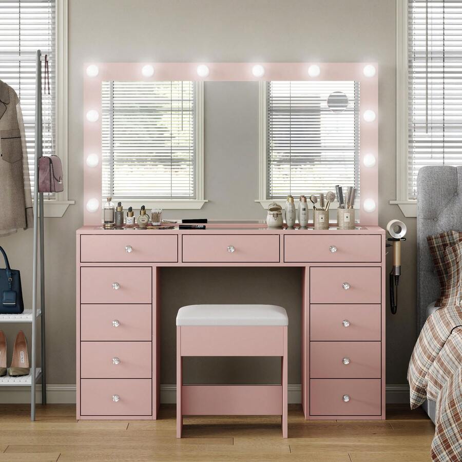 CollaredEagle Vanity Desk With Illuminated Mirror & Power Outlet,Makeup Vanity With 12 USB Power LED Lights, 11 Drawers Vanity Table With Chair, Tempered Glass Top, Dressing Table For Bedroom,Dressing Room - 粉色 - 查看 1