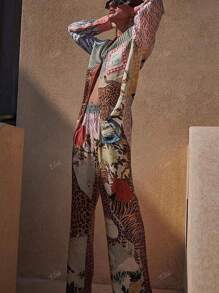 Women's Spring And Summer Thin Two Pieces Casual Leopard Print Long Sleeve Shirt And Pants Two Pieces Suit