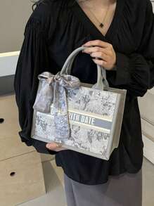 1pc Fashionable Women Handbag, Large Capacity, Square Style, Lightweight, Elegant Scarf Decor, Scratch & Abrasion Resistant Material, Suitable For Shopping, Dating, Gatherings, Commuting, Letter Pattern, Graceful Minimalist Casual Grey & Pink Ladies Tote Bag (11in*7.9in*3.9in)