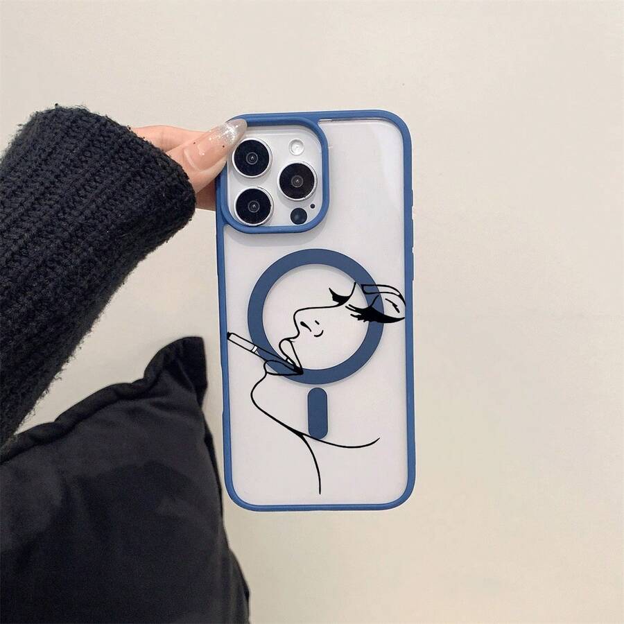 The 2025 New Deep Blue Macaron Magnetic Case Para Phone Features Sexy Line Patterns. Made Of Acrylic, It Is Shockproof And Drop-Resistant. It Is Applicable To The Mobile Phone 16 15 14 13 12 11 Pro Max Plus And Is The Best Choice For Personal Use Or As A Gift - Blue - View 1