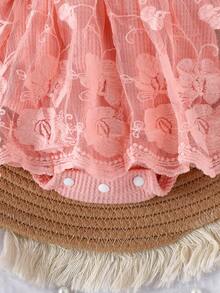 1pc Infant Girls Cute Short Sleeve Lace Mesh Ruffle Hem Bodysuit, Lightweight Summer - Pink - View 6
