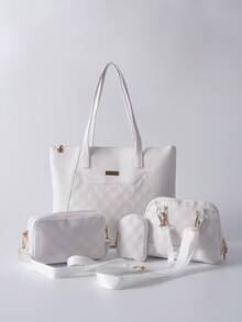 4pcs Women's Travel Combination Package,Tote Bag,Satchels Bag,Mommy And Me Matching Women Bags,Best Mothers Day Gift Ideas,School Bag Set,Portable,Classic Casual,Business Casual,For Teen Girls Women College Students,White-Collar Workers,College,Perfect For Office,Elementary School, School Bag With Pouch For Women Winter Gifts - White - View 5