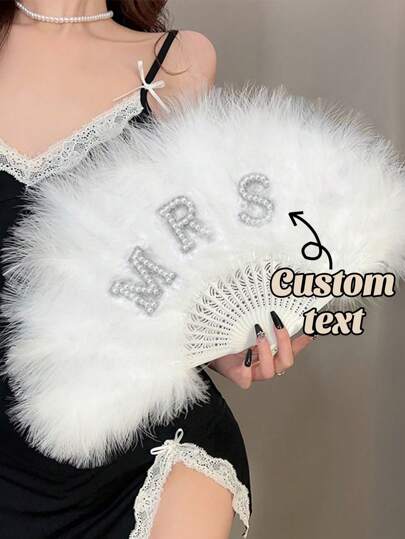 1 Peça Leque de Mão Nupcial Personalizado com Pena Preta, Pérola e Texto Gótico, Adequado para Uso Diário, Presente de Aniversário, Durável, Colorido, Fofo, Adorável, Engraçado, Kawaii, Y2K, Estiloso, Unissex, Casual, Personalizado, Único, Presente Ideal para Ele, Presente Ideal para Ela, Ela, Namorado, Namorada, Família, Amigos