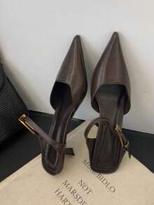 3.5厘米鞋跟，法式复古优雅尖头小猫跟凉鞋，女士新款夏季通勤及晚间穿着 - 咖啡棕 - 查看 4