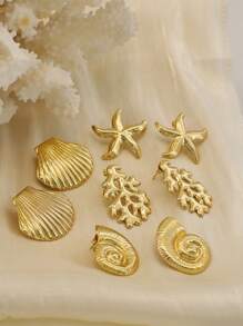 8 Pcs Women's Fashion Elegant Gold Acero Inoxidable Earring Set, Featuring Jewelry Elements Of Starfish, Shells, Seashells, And Coral, Hypoallergenic, Colorfast, Suitable For Daily Wear, Graduation Season Gift