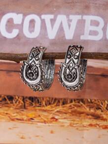 1 par de brincos de argola estilo western com padrão retrô vintage e prateado antigo, brincos com design de ferradura, joias adequadas para traje de cowgirl