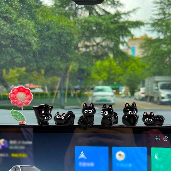 6pcs Random Style Cute Black Cat Animal Cartoon Car Dashboard Decor Ornament
