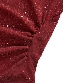 abyoxi Red Color Square Neck Long Sleeve Slim Fit Waist Detail A-Line Mini Party Dress With Flash Fabric,Dating,Romantic,Simple,Hot Girl,Fashionable,Valentine's Day,Back To School,Fall/Winter Clothes For Women