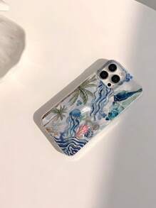 1 pieza Funda de teléfono suave, brillante y transparente con estampado de árbol de coco y medusa del océano veraniego, a prueba de agua, anti-huellas y anti-arañazos, compatible con Apple 16/16 Plus/16 Pro/16 Pro Max