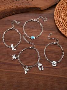 4pcs Western Style Bracelet Set, Retro Cowboy Hat, Cowboy Boot, Bull Head Pendant Adjustable Cowboy Bracelet, Simple Daily Party Jewelry Gift