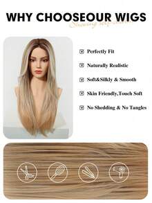 26 Inch Long Straight Hairline U-Part Lace Front Synthetic Wig For Women Ombre Blonde Natural Middle Part Wig Blonde Highlight Wigs - 漸變金色 - 查看 7