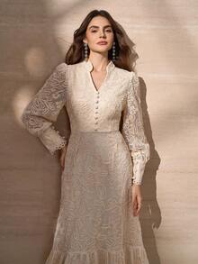 Elegant Stand Collar Button Decor Lantern Sleeve A-Line Dress