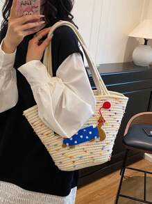 Cotton String One Shoulder Tote Bag For Women, Large Capacity Woven Bag, Ideal For Beach Vacation, Summer