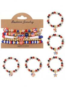5pcs Heart, National Flag, And Star Decor Bracelets Set, Fashionable Creative Design Suitable For Men And Women, Perfect Holiday Gift (Individual Bracelets May Have Minor Color Bleeding, Which Is A Normal Phenomenon)