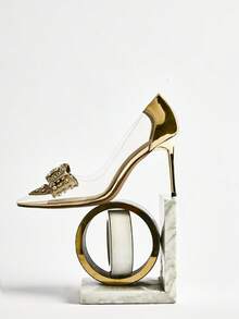 Women's Butterfly Flower Rhinestone Decor Pointed Toe Stiletto High Heels, Fashionable Silver And Champagne Color Shoes Winter Gifts - Gold - View 6