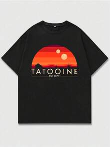 Black T - Shirt With "Tatooine (Star Wars)" Style ,Casual Print,Comfortable And Versatile,Letter Pattern Pure Cotton 220g Printed T-Shirt,Unisex Style - 黑色 - 查看 1