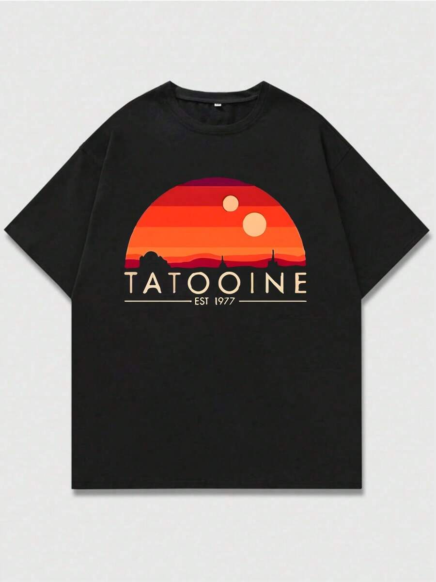 Black T - Shirt With "Tatooine (Star Wars)" Style ,Casual Print,Comfortable And Versatile,Letter Pattern Pure Cotton 220g Printed T-Shirt,Unisex Style - 黑色 - 查看 1