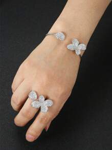 1 Set mit 2 verstellbaren Zirkonia-verzierten Armband und Ring Set, modisch und kreativ, geeignet für Partys, Hochzeiten und Anlässe