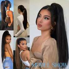 Straight Ponytail Hair Drawstring Ponytail Remy Real Human Hair Extensions Chip-In Hair Wrap Ponytail Extensions Natural Black - Natural Black - View 11