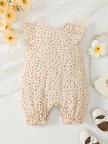 女婴休闲碎花连体衣，带飘袖，夏季 - 杏色 - 查看 2