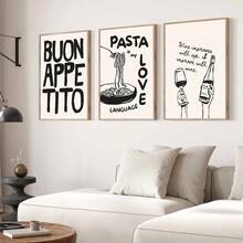 意大利面厨房海报印刷品（3 件套）、趣味美食墙面艺术、葡萄酒海报、复古艺术、黑米色中性墙面艺术、现代简约中性厨房餐厅帆布装饰（无框）