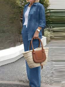 轻盈 Polo 领休闲开衫，百搭纯色优雅上衣，适合海滩、日常、通勤、工作、购物等场合，面料柔软，搭配松紧腰宽松长裤，两件套，春夏秋三季皆宜。 - 藍色 - 查看 5