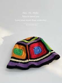 1pc Y2K Style Handmade Floral Crochet Fisherman Hat For Women, Colorful Hollow Knitted Fisherman Hat Suitable For Casual, Vacation, Boho Street Style (Random Patchwork) - Pure Color Streaky - View 10