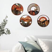 4pcs Round Wooden Decorative Hanging Ornaments (Hanging Ornaments), Wood Carved Wall Decoration, Bohemian Style, Natural Landscape, Housewarming Gift, Give To Friends And Relatives, Holiday Gifts Room Decor Bedroom Decor Home Decor - Multicolor - View 5