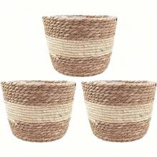1 pieza/Set de 3 macetas de flor tejidas a mano de paja, estilo pastoral japonés redondo con forro de plástico, maceta, decoración de cazuela rural, adecuada para decoración de habitación, varias fiestas festivas