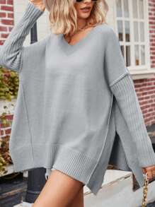 Women Solid Color Casual Split Side Loose Sweater