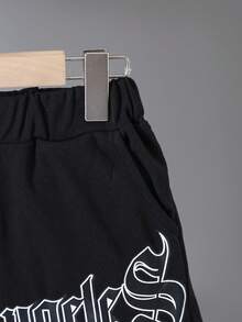 2件套大童休闲时尚洛杉矶图案印花短袖T恤和罗纹短裤套装，春夏