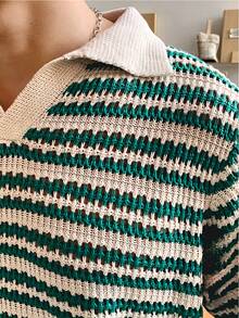 男士绿白条纹针织毛衣-夏季薄款休闲衬衫 - 綠色 - 查看 4