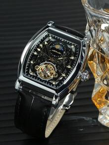 1pc Fashion Business Skeleton Mechanical Watch For Men Iced Out Dial Luminous Hands Leather Strap Casual Tourbillon Automatic Men Watches Top Brand Luxury Gifts - Black - View 3