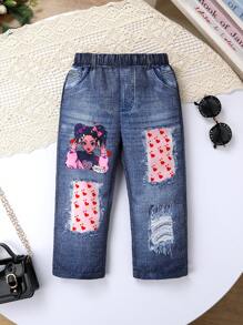 Set de 2 piezas, Conjunto adorable para niñas, de tela suave, transpirable y cómoda, con estampado de personajes de dibujos animados en la parte superior de cuello redondo y manga corta, y pantalones largos con gráfico de corazón, adecuado para uso casual, diario, vacaciones y fiesta
