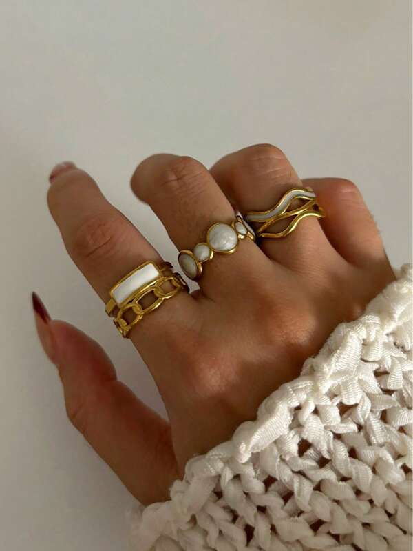 1pc Fashion Versatile 18K Gold Plated Stainless Steel Enamel Simple Waterproof Ring For Women