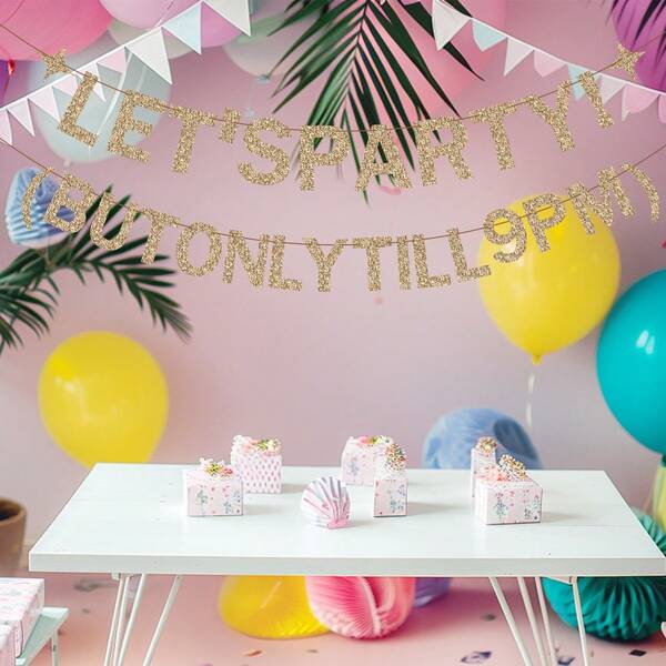 Let's Party But Only Till 9 PM Party Banner, Gold Glitter Birthday Banner Garland Funny Birthday Sign Decorations For Women Men Party Supplies Decor