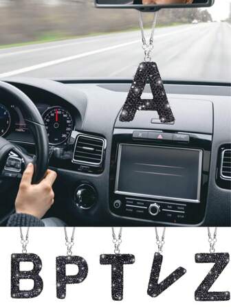 Shiny Car Rearview Mirror Pendant - Letter A-Z, Crystal Rhinestone Rearview Mirror Pendant, Cute Lucky Girl Car Accessories, Shiny Crystal Pendant Car Accessories, Charming Car Interior Decor (White, Black, Pink)